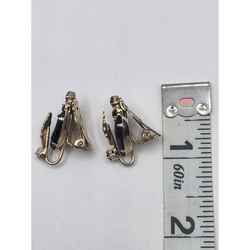 Black & Goldtone Leaf Rhinestones Clip-On Earrings Vintage 1" - Picture 5 of 5